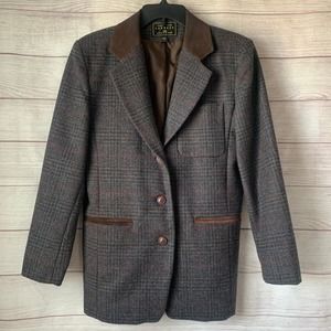 Express Vintage Wool Plaid Blazer Jacket Oversized Brown Suede Detail Size Small